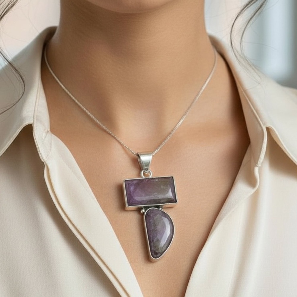 Sterling Silver-Purpurite Ethnic Long
Gemstone Pendant Jewelry 2.1"